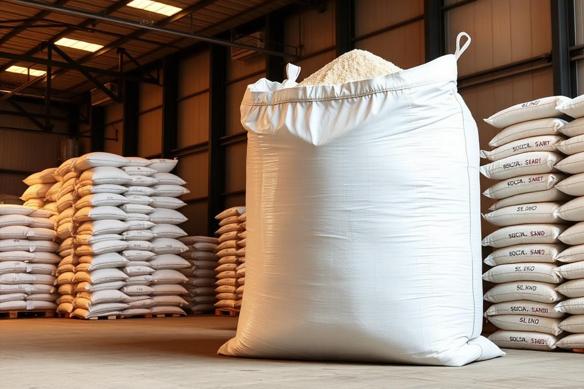 Jumbo bag and 50 kg bags of silica sand in a warehouse